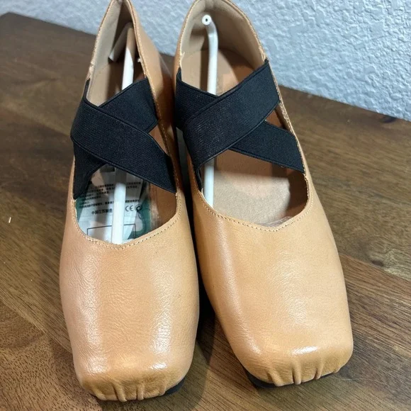 PuDing Block Heel Pumps Elastic Strap Square Toe Tan Shoes size 36 - Picture 3 of 10